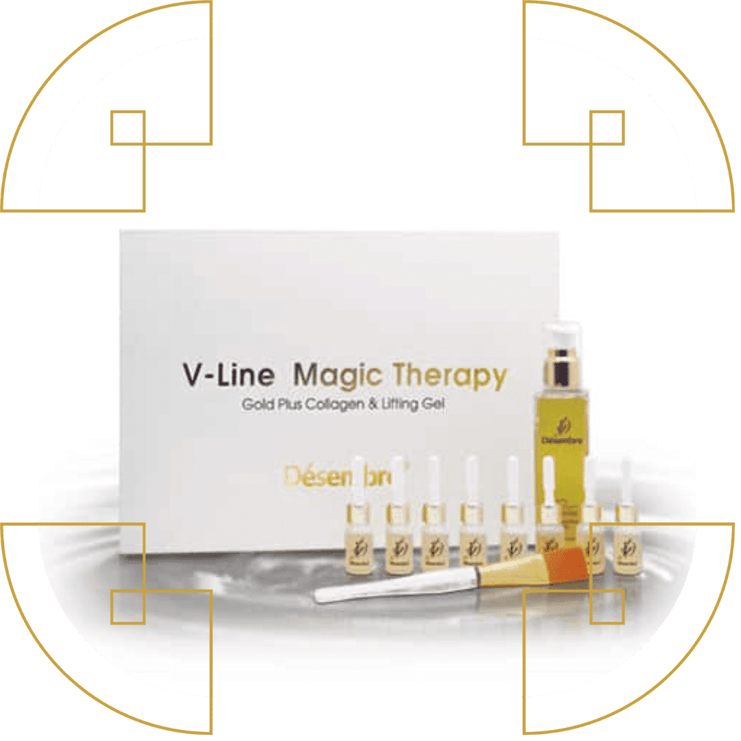 V-Line Magic Therapy skincare set with gold plus collagen and lifting gel, brush, and ampoules.