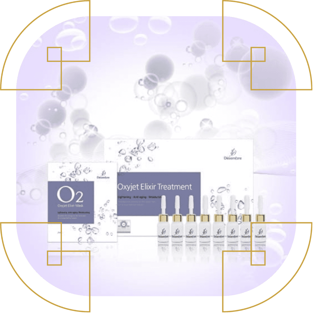 Oxyjet Elixir Treatment kit with bottles and packaging, set against a bubbly abstract background.