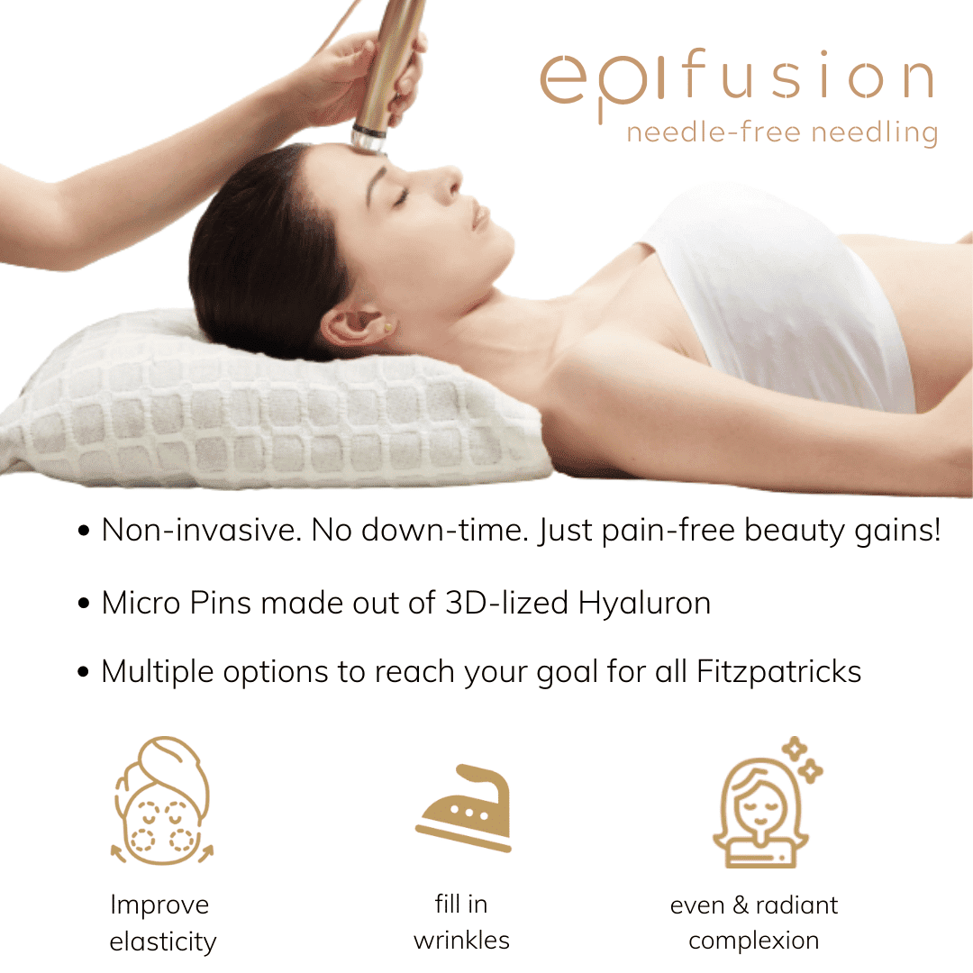 Woman receiving a needle-free facial treatment with device; text highlights beauty benefits.